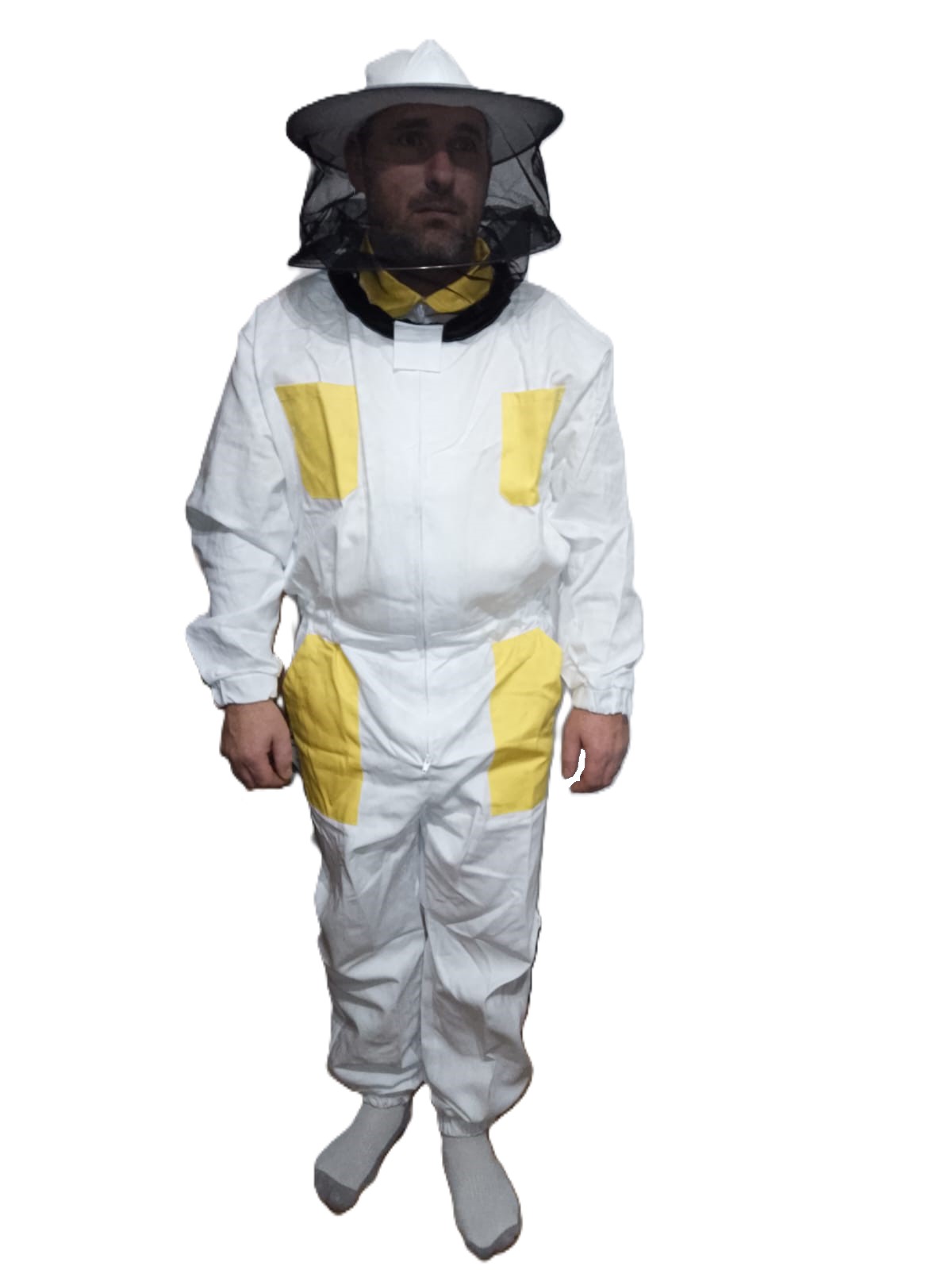 🐝 Včelařská kombinéza s kloboukem – bílá se žlutými kapsami